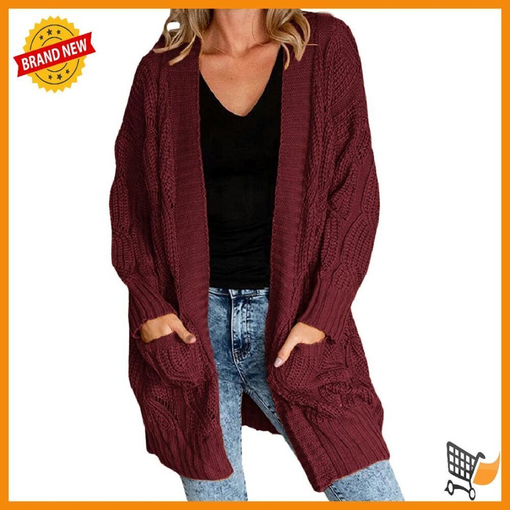 Plus Size Cable Knit Cardigan Sweater Long Sleeve Open Front Pockets